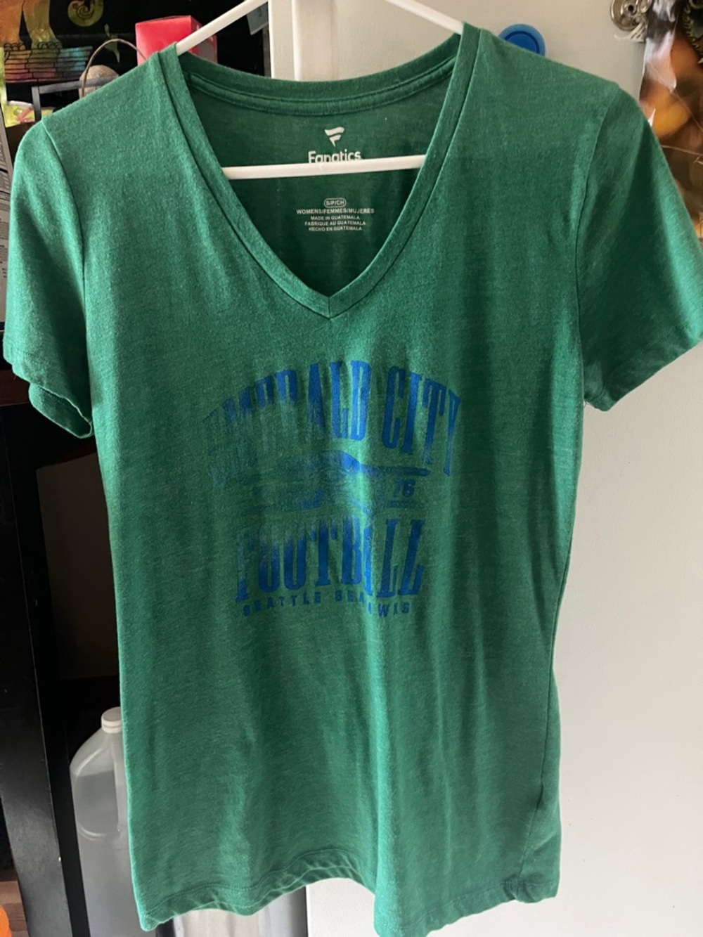 Fanatics Green V-Neck Football Tee with Blue Logo Seattle Seahawks